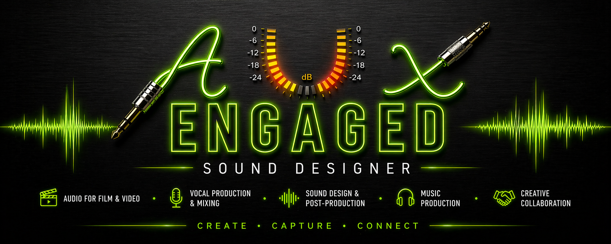 AUX Engaged neon logo with dB meter and audio cables